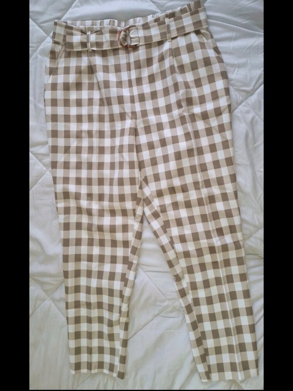 One by Chapter One Women’s Plaid Pants Beige White Gingham Tapered Belted Size L